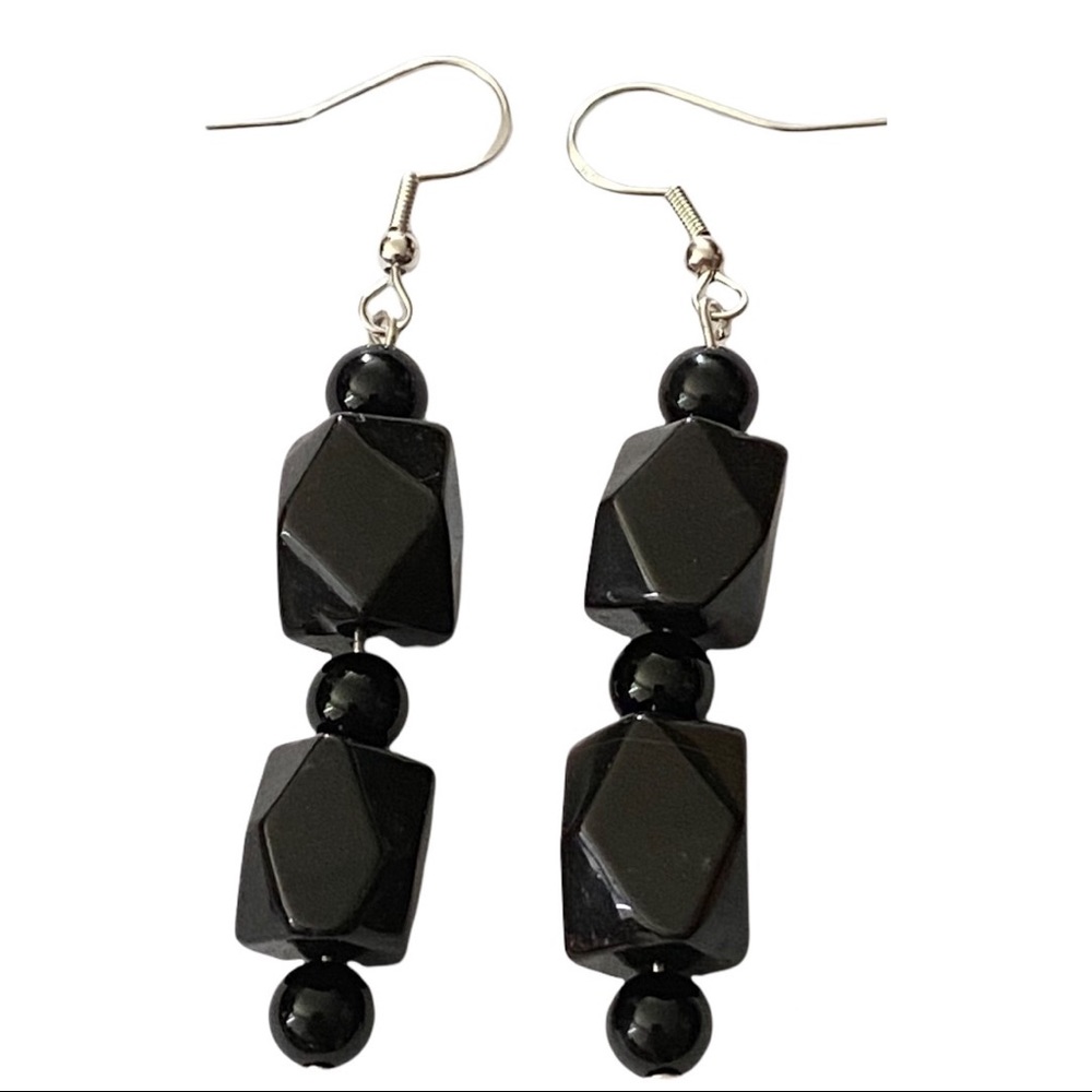 Hand Crafted Earrings Black Agate Long Round Sterling Silver Dangle Pierced